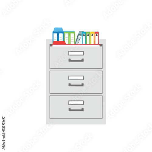 Grey three-drawer filing cabinet with colorful binders and folders on top, representing office organization and document storage.