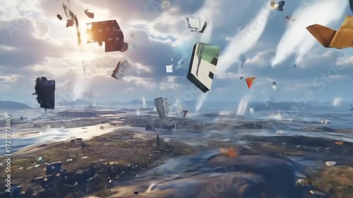 Digital tornado of data and information swirling over a futuristic landscape, representing data overload and digital chaos.