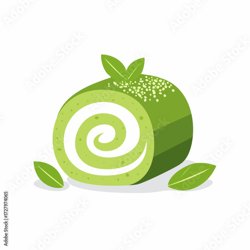 Delicious matcha green tea roll cake with creamy swirl filling and fresh mint leaves vector