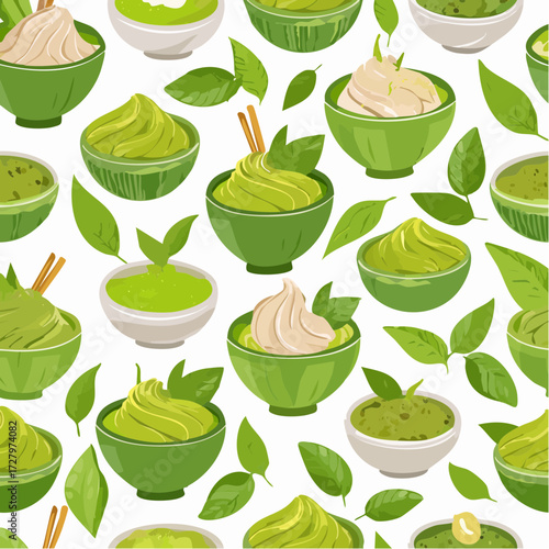 Seamless vector pattern of Japanese matcha green tea desserts, paste, and cream in bowls