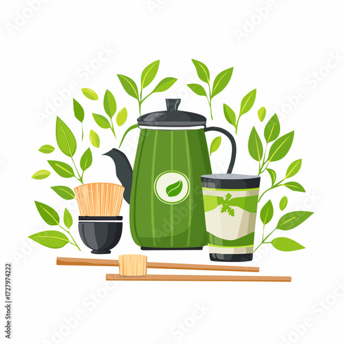 Traditional Japanese matcha green tea ceremony set with teapot, whisk, and leaves illustration