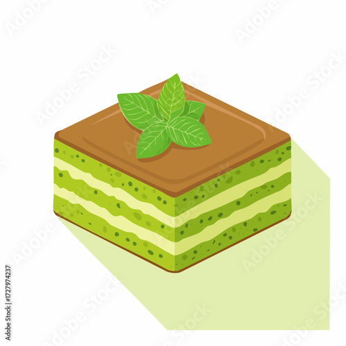 A delightful square slice of layered green pistachio cake with fresh mint, vector dessert icon