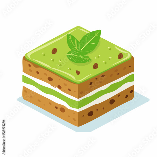 Sweet square dessert illustration featuring creamy green topping and decorative mint leaves for delightful treats