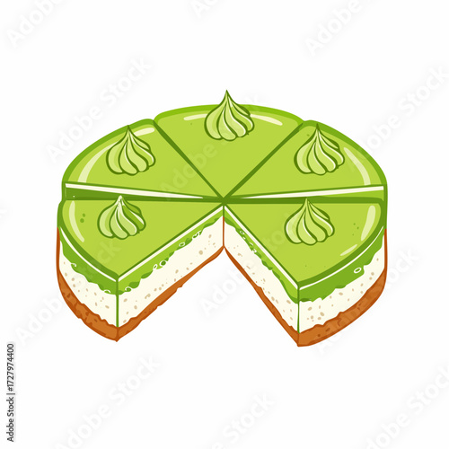 An appetizing illustration of a sliced green matcha cheesecake with cream topping on a white background