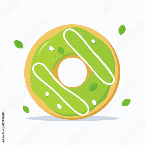 Creative graphic of a tasty green matcha frosted donut with decorative icing and leaves