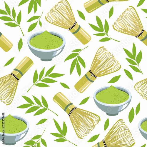 Artistic seamless background design of organic matcha tea ceremony with whisk and bowl