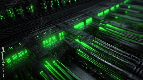 Close-up view of futuristic black server hardware with glowing green lights and multiple connected fiber optic cables emitting vibrant green light