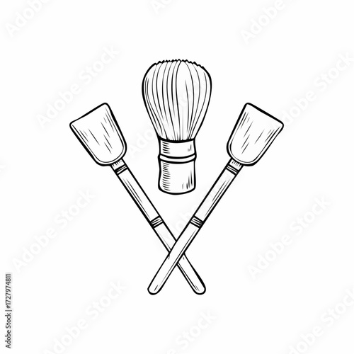 Hand-drawn illustration of crossed cosmetic applicator and powder makeup brushes for beauty