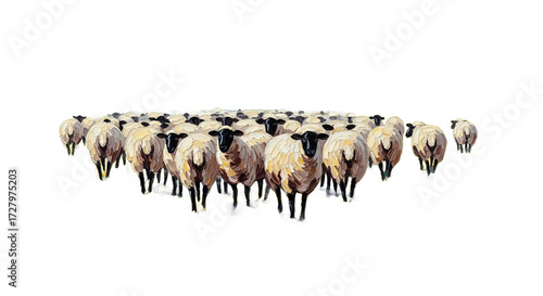 A flock of sheep with black heads in a field illustration.