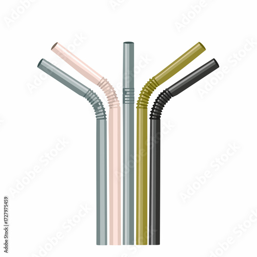 A collection of colorful drinking straws in different shades, with flexible joints and curved ends