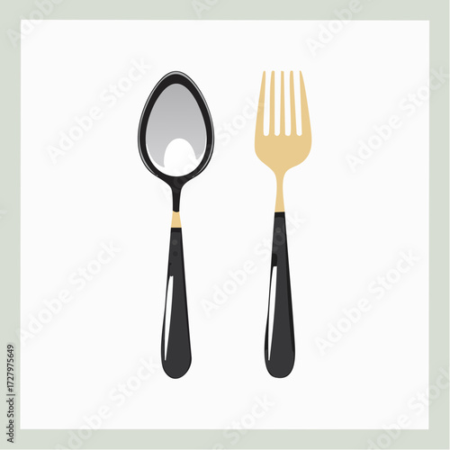 An elegant flatware set with a modern golden fork and a sleek silver spoon on a plain white background