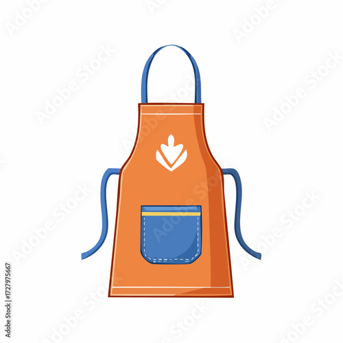 Vibrant orange apron with blue straps and pocket, featuring a stylized plant emblem, ideal for kitchen activities and creative hobbies