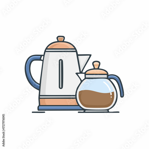 Electric Kettle and Glass Coffee Pot with Hot Beverage, Kitchen Appliance Illustration