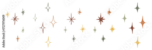 Decoration stars, sparkles in warm autumn colors hand drawn set. Textured chalk, pastel, crayon, pencil scribble grunge style. Cute doodle vector illustration isolated for seasonal decorative design.