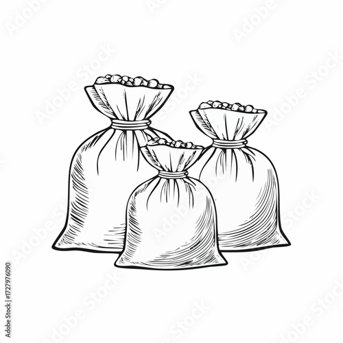 Sketch of Bounty Bags Full of Treasure, Hand-Drawn sacks with riches and goodies