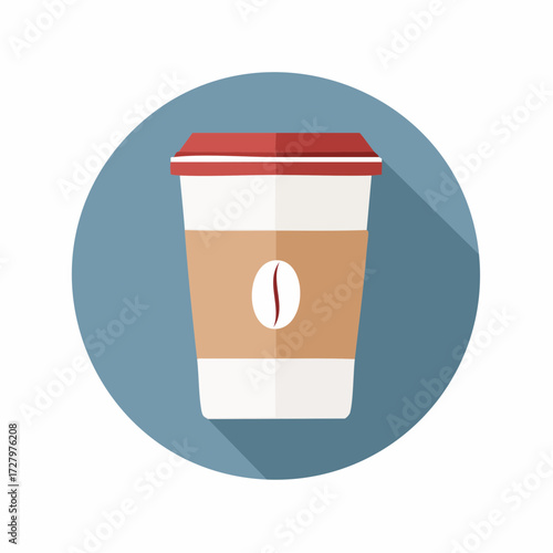 Flat design style icon of a disposable takeaway coffee cup with a long shadow effect
