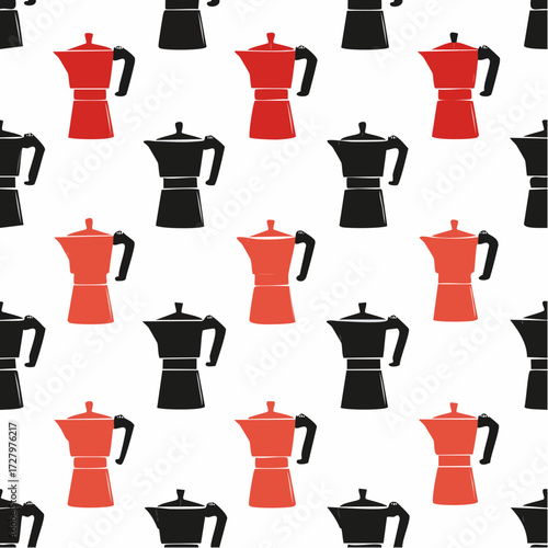 Seamless Pattern of Colorful Moka Pots Italian Coffee Makers for Cafes and Kitchens