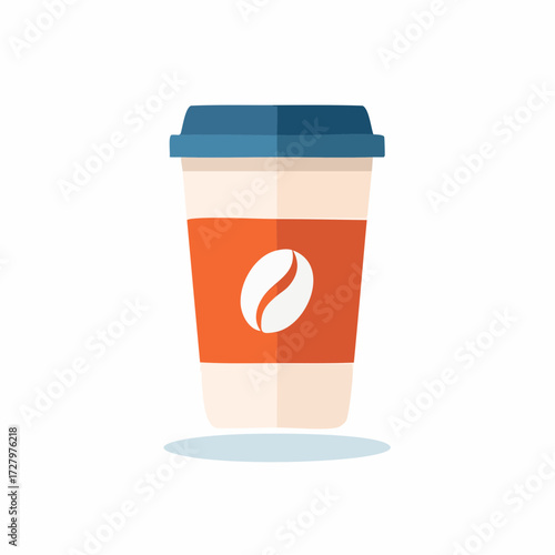 Simple flat design vector illustration of a disposable coffee cup with a coffee bean logo, ideal for cafe branding and digital assets