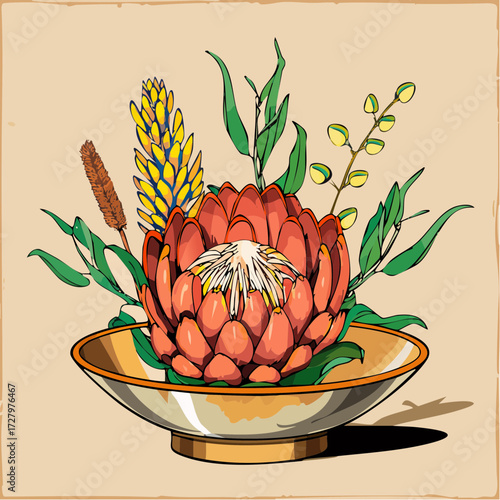 artboard 3600 × 3600 px (square 300 ppi); vector-only description: low ceramic bowl centerpiece with blush protea, bleached ruscus, and pale dried blooms; crisp Bézier paths for protea bloom geometry