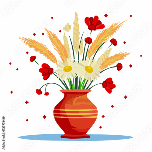 terracotta vase with pampas, dried daisies, and bunny tails on raw wood