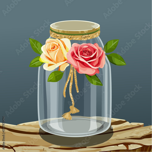macrame-wrapped jar of pink and ivory roses on driftwood over linen