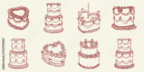 Whimsical vintage cake set. Minimalist style outline ink elegant elements. Trendy coquette line food. Hand drawn scribble isolated vector illustration. Old party birthday anniversary, wedding design