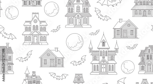 Pattern SVG Illustration of Spooky Houses Moon and Bats Black and White Line Art Halloween Vector SVG Design