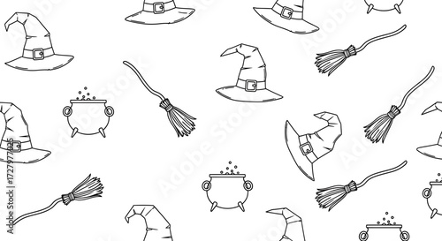 Halloween Vector SVG Illustration with Witches Hat Cauldron Broom in Black and White Line Art Style