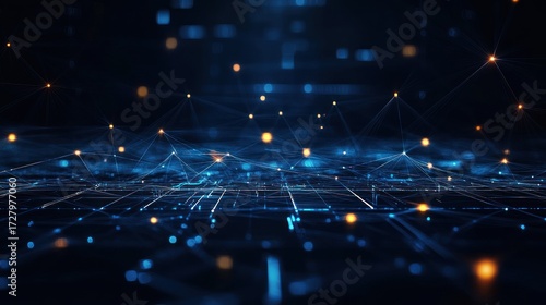 Abstract digital network visualization with interconnected glowing nodes and lines on a dark blue background representing data flow and technology
