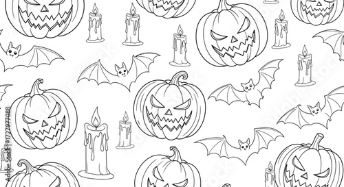 Vector SVG Halloween Pattern with Pumpkins Bats and Candles Line Art Style