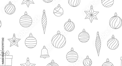 Vector SVG Design with Christmas Ornaments Stars Bells and Gifts in Line Art Style