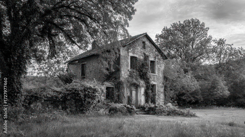 Obraz premium Gray weathered house in a park-like setting