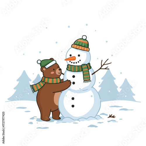 A cute bear, wearing a warm scarf and hat, joyfully builds a large snowman with a carrot nose in a vibrant snowy field, captured in a simplified 2D flat vector illustration.