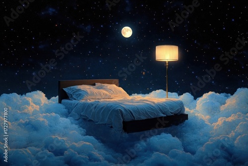 A cozy bed surrounded by soft clouds under a starry night sky with a bright full moon and a warm glowing floor lamp creating a dreamy and peaceful atmosphere