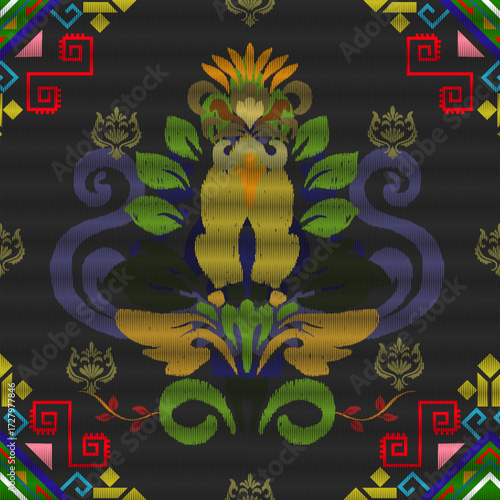 Ethnic floral textile pattern with geometric tribal motifs, traditional Thai fabric style on black background, ornamental seamless design for fashion, fabric, wallpaper, and home decor