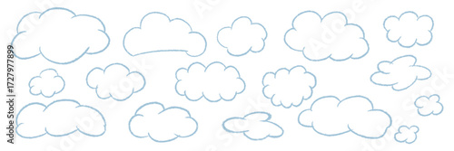 Collection outline clouds hand drawn in textured chalk, pastel, crayon, pencil scribble style. Cute childish naive doodle line weather for playful kindergarten sky design. Vector illustration isolated