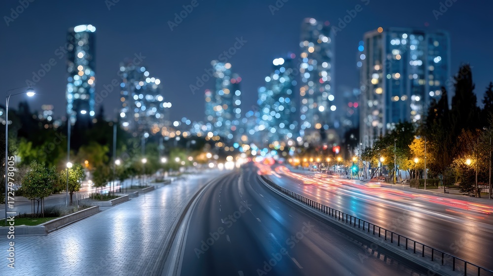 Fototapeta premium Blurred Cityscape at Night with Streaks of Car Lights on Road Reflecting Rain and Glowing Building Lights in Background