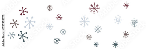 Chalk decorative falling snowflakes collection. Crayon textured winter snow doodle set. Naive cute kids style. Hand drawn whimsical seasonal elements, card design. Vector holiday illustration isolated