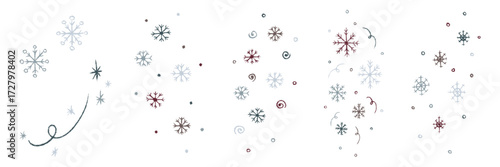 Chalk decorative falling snowflakes collection. Crayon textured winter snow doodle set. Naive cute kids style snowfall. Hand drawn whimsical seasonal elements. Vector holiday illustration isolated