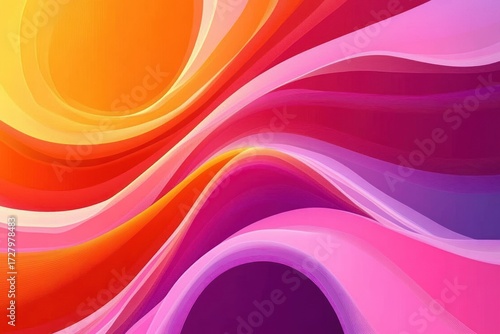 Vibrant abstract digital artwork with smooth flowing waves in warm orange, pink, and purple hues creating a dynamic and harmonious color blend