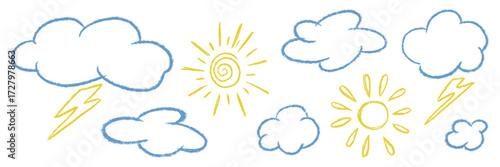 Kids crayon textured line hand drawing weather icon set. Chalk grunge doodle outline naive clouds, lightning bolt, sun. Freehand childish pencil scribble. Baby elements. Vector illustration isolated.