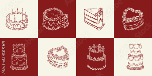 Whimsical vintage cake set. Minimalist style outline ink elegant elements. Trendy coquette line food. Hand drawn scribble isolated vector illustration. Old party birthday anniversary, wedding design