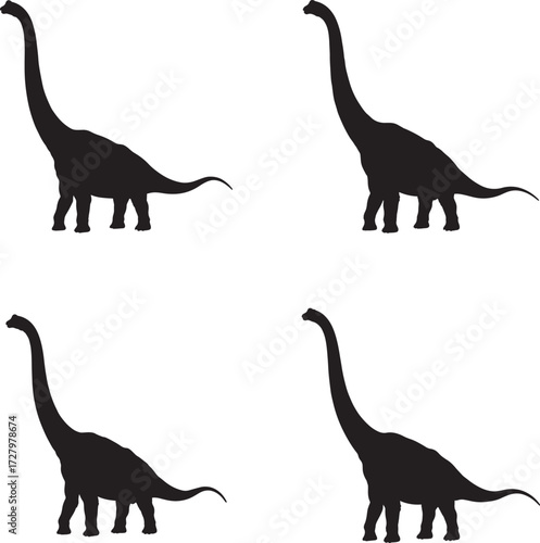 Four silhouettes of a brachiosaurus dinosaur on a white background