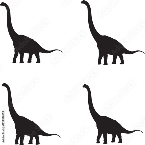 Four silhouettes of long necked brontosaurus dinosaurs on a white background