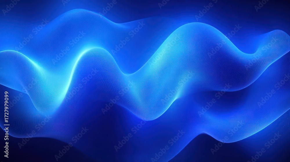 Fototapeta premium Abstract flowing blue wave shapes with smooth curves glowing against a dark blue background, creating a calming and futuristic visual effect