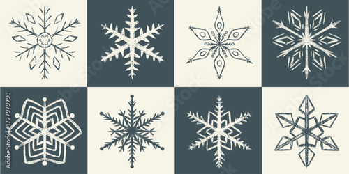 Chalk hand drawn snowflakes. Sketch crayon style frosty crystals. Winter doodle pastel textured decoration, simple detailed ornamental design for Christmas, seasonal art. Vector illustration isolated