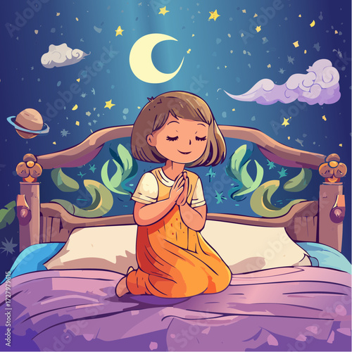 Vector Image: A Little Child in Prayer at Bedtime 16