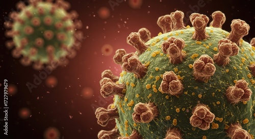 Detailed 3D rendering of a Coronavirus particle.