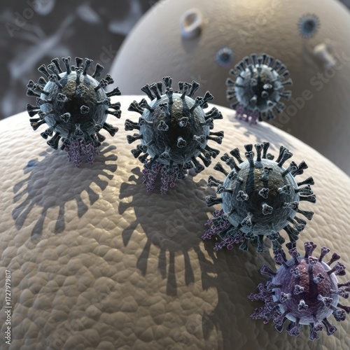 Detailed 3D rendering of viruses infecting a host cell.