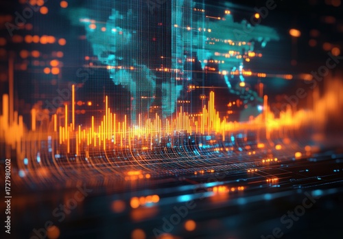 Digital visualization of financial data with glowing orange graphs and a holographic world map in blue and teal tones illustrating global market trends